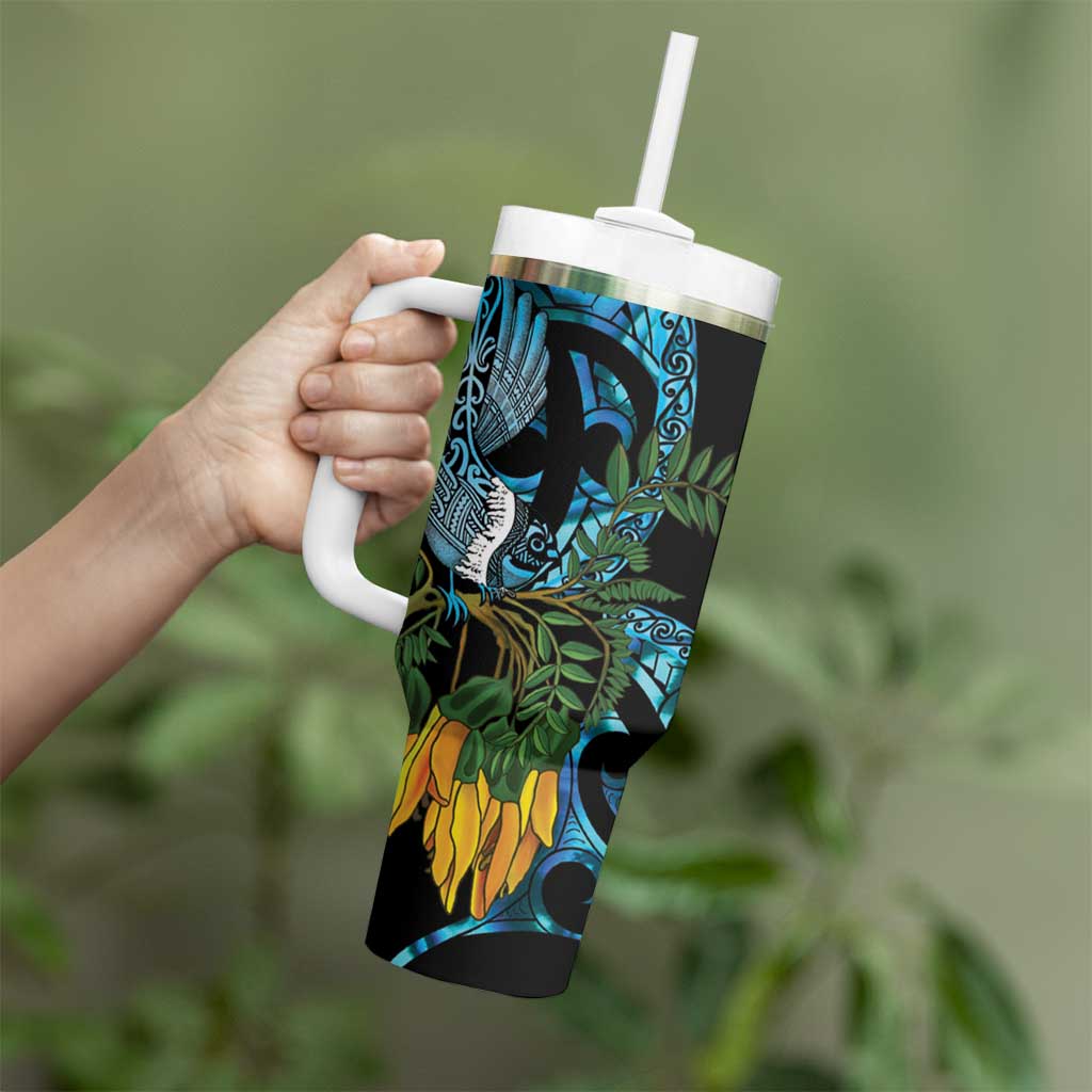 Turquoise New Zealand Kowhai And Piwakawaka Tumbler With Handle Maori Ngaru Paua Shell LT14 - Polynesian Pride