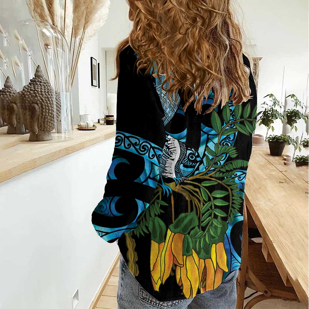 Turquoise New Zealand Kowhai And Piwakawaka Women Casual Shirt Maori Ngaru Paua Shell LT14 - Polynesian Pride