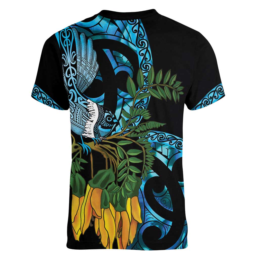 Turquoise New Zealand Kowhai And Piwakawaka Women V-Neck T-Shirt Maori Ngaru Paua Shell