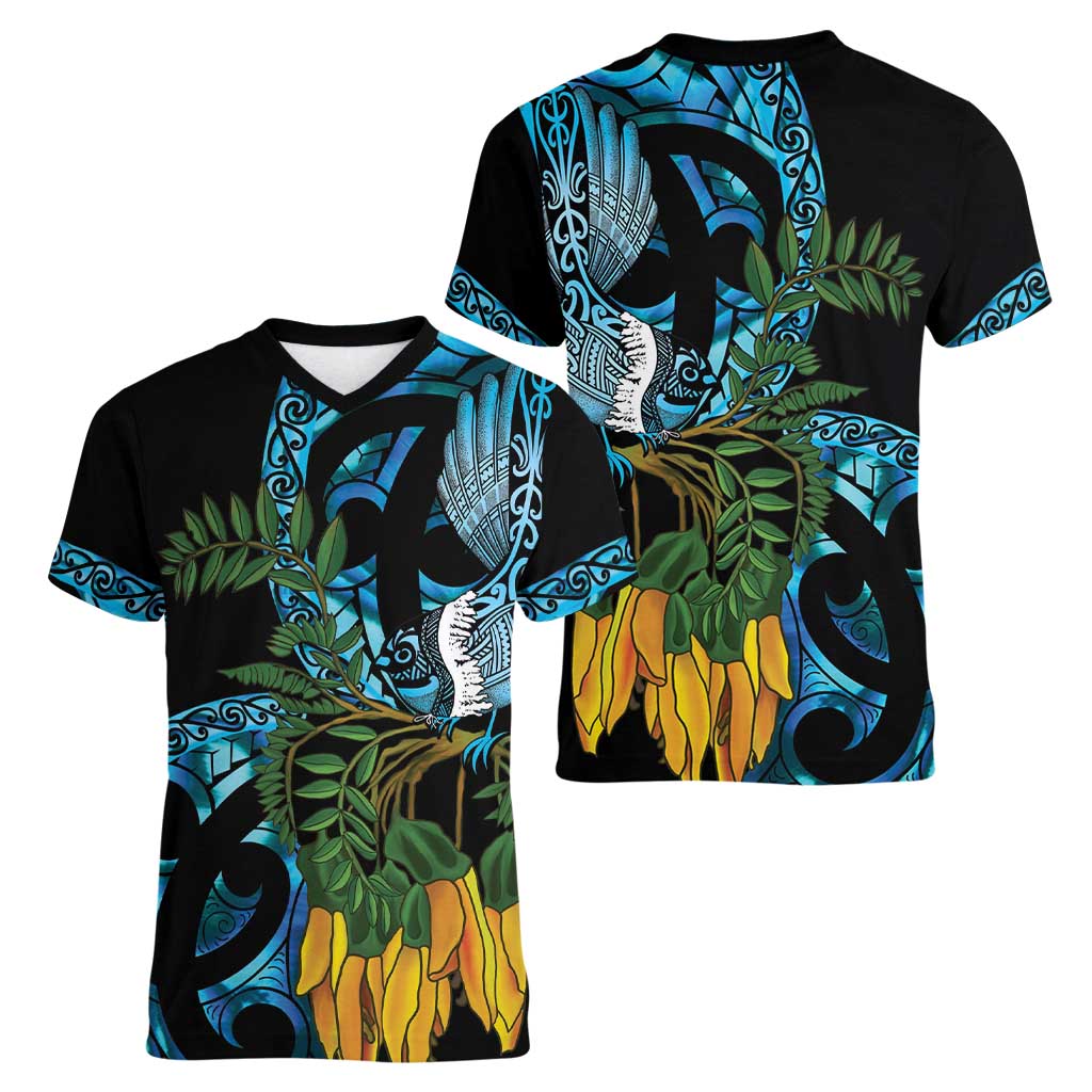 Turquoise New Zealand Kowhai And Piwakawaka Women V-Neck T-Shirt Maori Ngaru Paua Shell