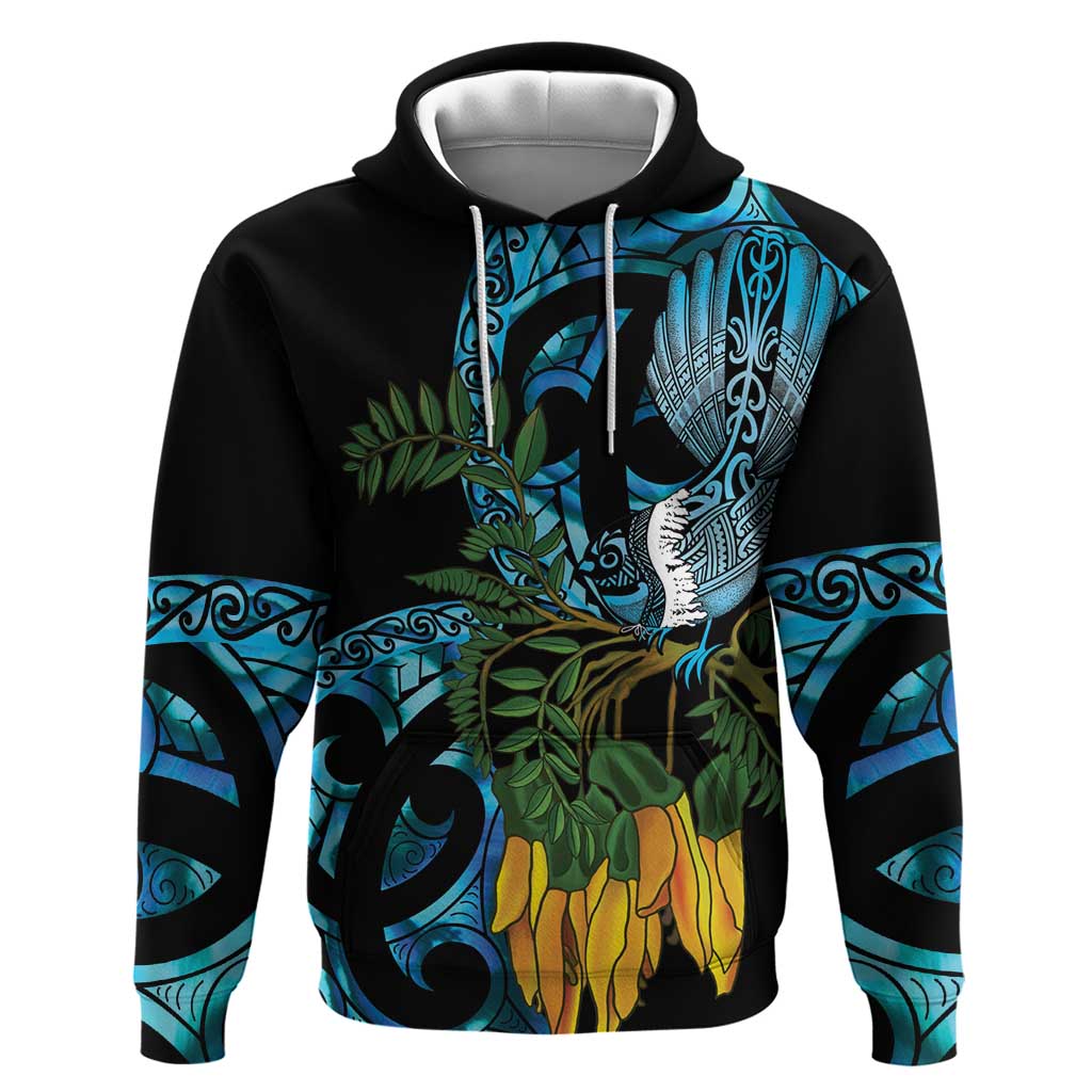 Turquoise New Zealand Kowhai And Piwakawaka Zip Hoodie Maori Ngaru Paua Shell LT14 Pullover Hoodie Turquoise - Polynesian Pride