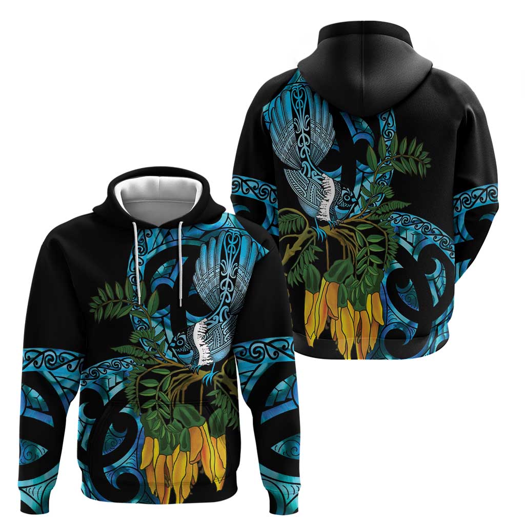 Turquoise New Zealand Kowhai And Piwakawaka Zip Hoodie Maori Ngaru Paua Shell LT14 - Polynesian Pride