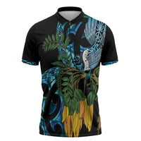 Turquoise New Zealand Kowhai And Piwakawaka Zipper Polo Shirt Maori Ngaru Paua Shell LT14 Turquoise - Polynesian Pride