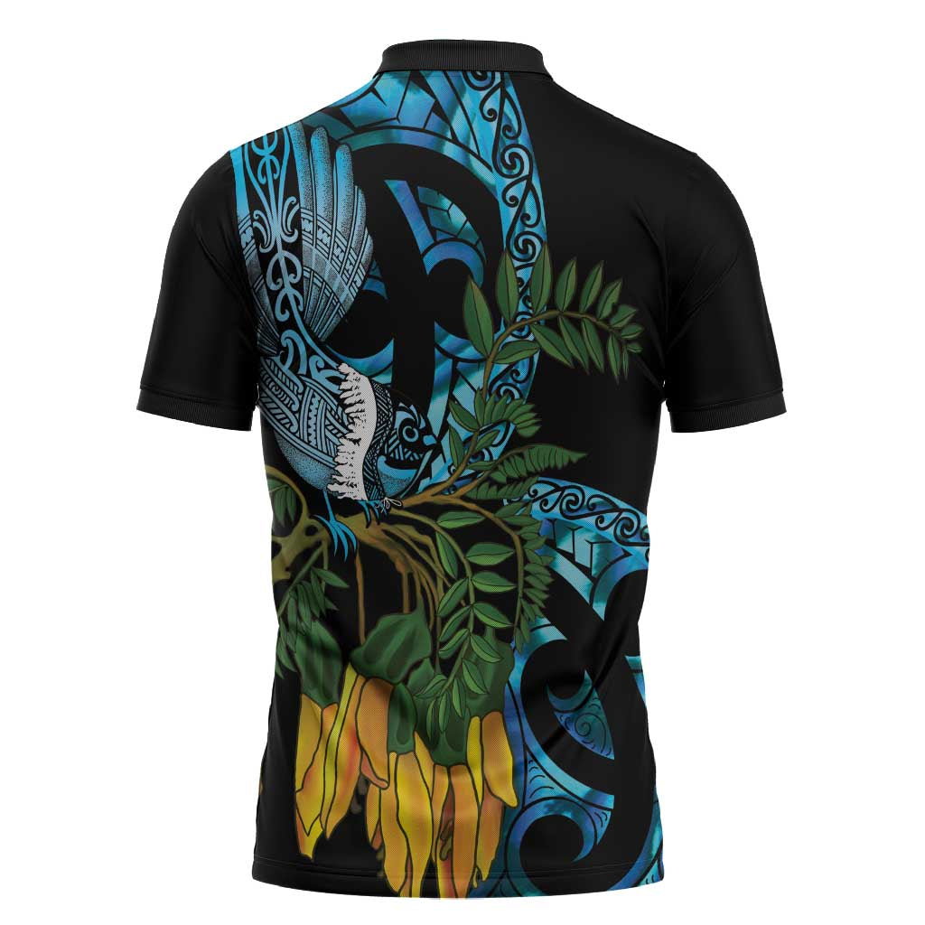 Turquoise New Zealand Kowhai And Piwakawaka Zipper Polo Shirt Maori Ngaru Paua Shell LT14 - Polynesian Pride
