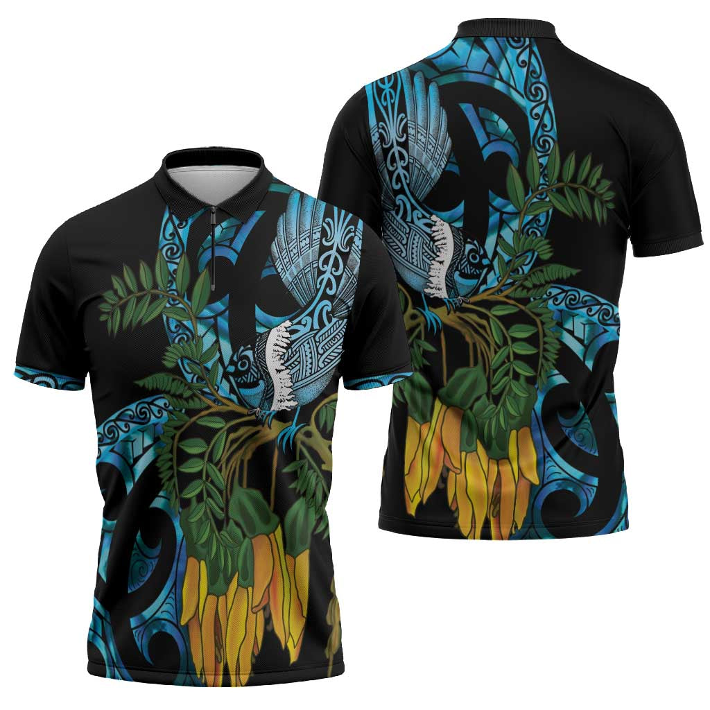 Turquoise New Zealand Kowhai And Piwakawaka Zipper Polo Shirt Maori Ngaru Paua Shell LT14 - Polynesian Pride