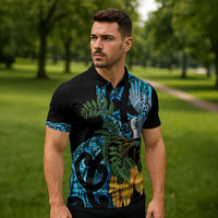 Turquoise New Zealand Kowhai And Piwakawaka Zipper Polo Shirt Maori Ngaru Paua Shell LT14 - Polynesian Pride