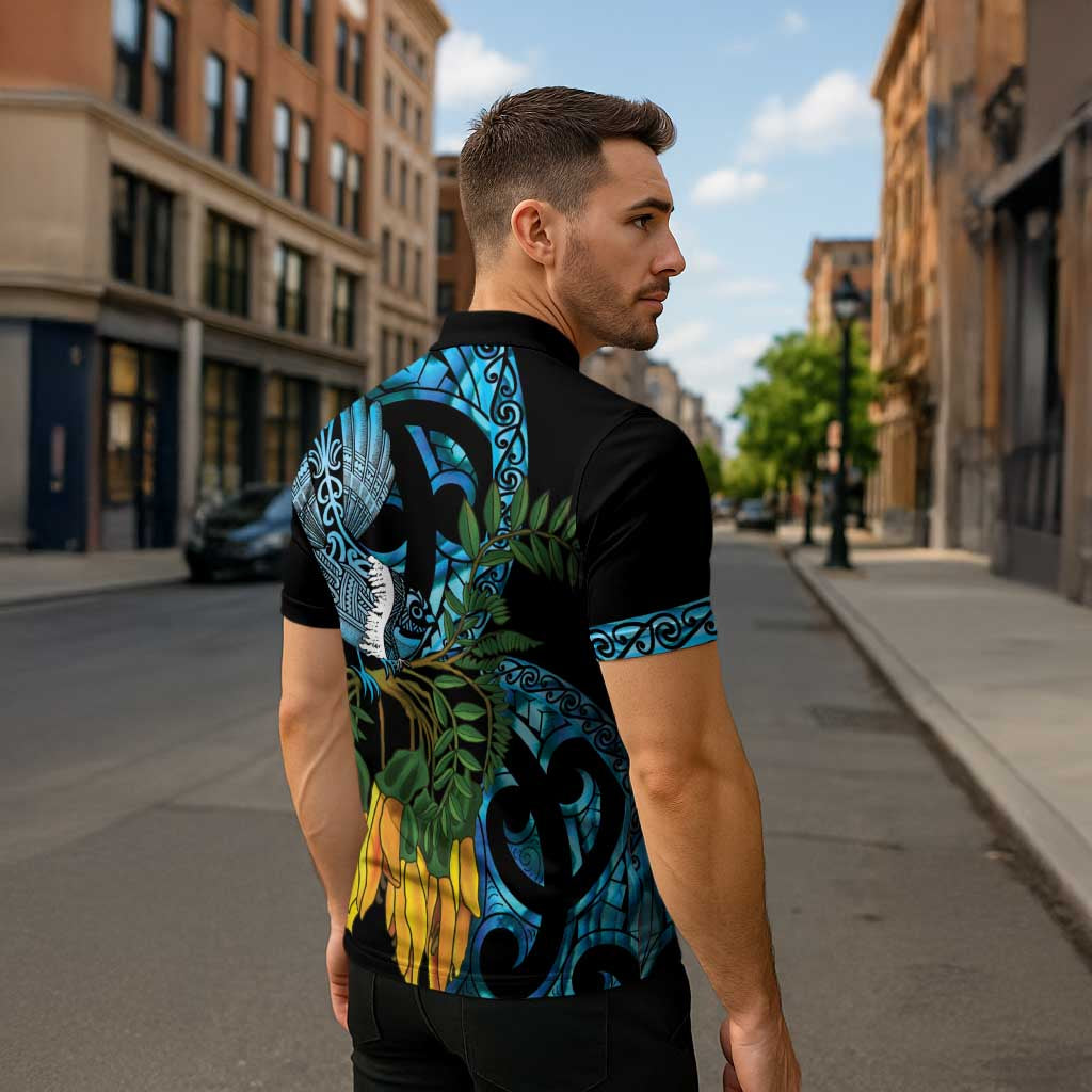 Turquoise New Zealand Kowhai And Piwakawaka Zipper Polo Shirt Maori Ngaru Paua Shell LT14 - Polynesian Pride