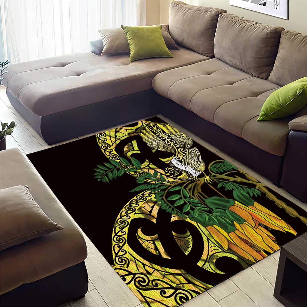 Yellow New Zealand Kowhai And Piwakawaka Area Rug Maori Ngaru Paua Shell LT14 - Polynesian Pride