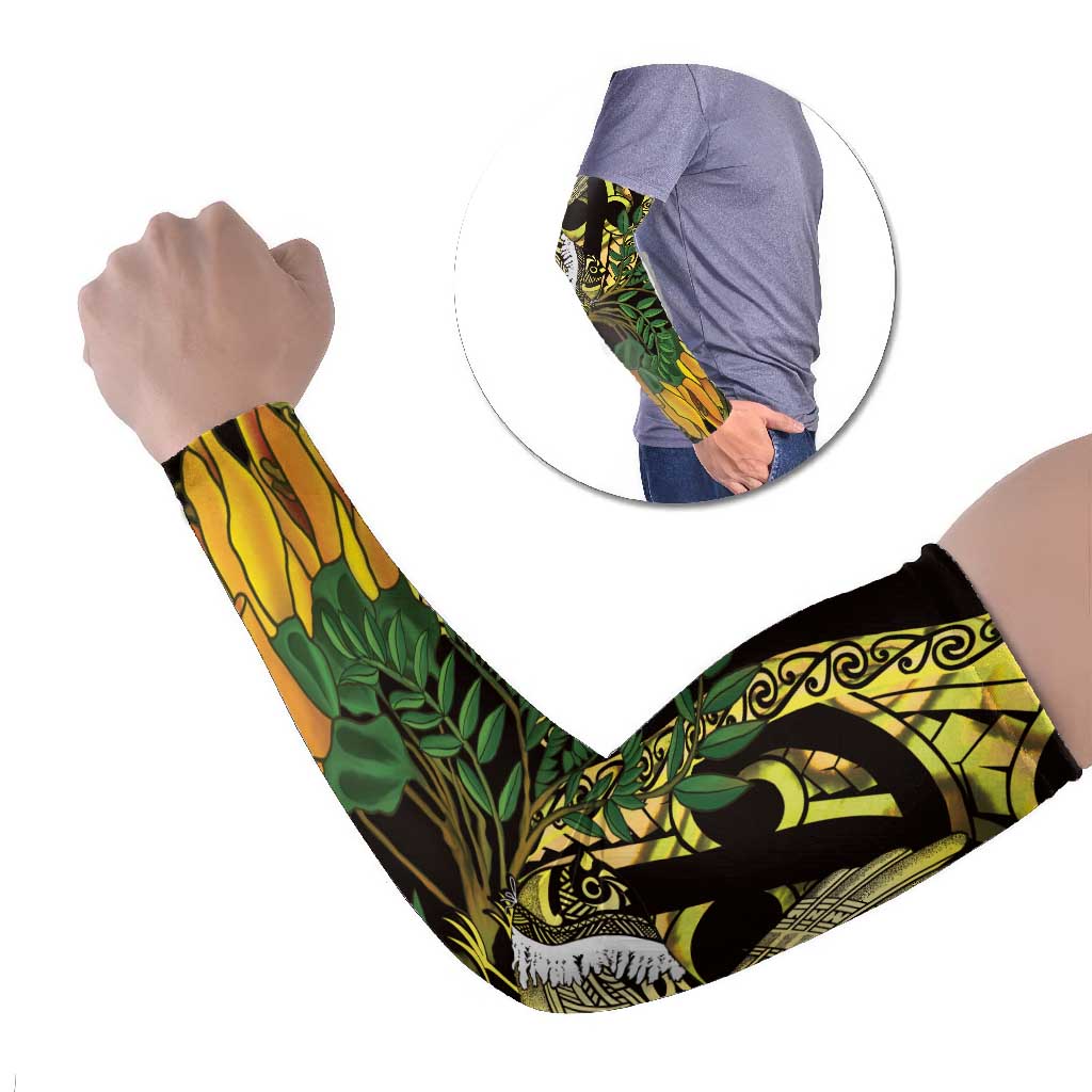 Yellow New Zealand Kowhai And Piwakawaka Arm Sleeves Maori Ngaru Paua Shell - Polynesian Pride