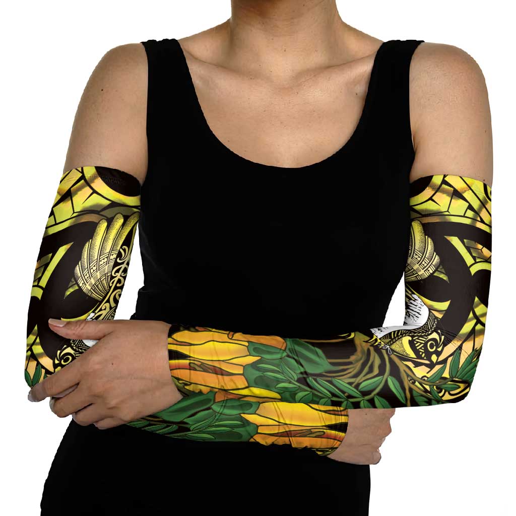 Yellow New Zealand Kowhai And Piwakawaka Arm Sleeves Maori Ngaru Paua Shell LT14 - Polynesian Pride