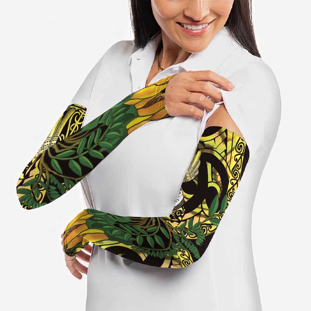 Yellow New Zealand Kowhai And Piwakawaka Arm Sleeves Maori Ngaru Paua Shell LT14 - Polynesian Pride