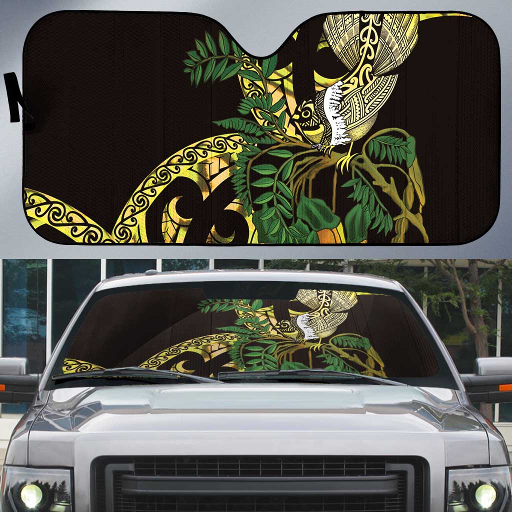 Yellow New Zealand Kowhai And Piwakawaka Auto Sun Shade Maori Ngaru Paua Shell - Polynesian Pride