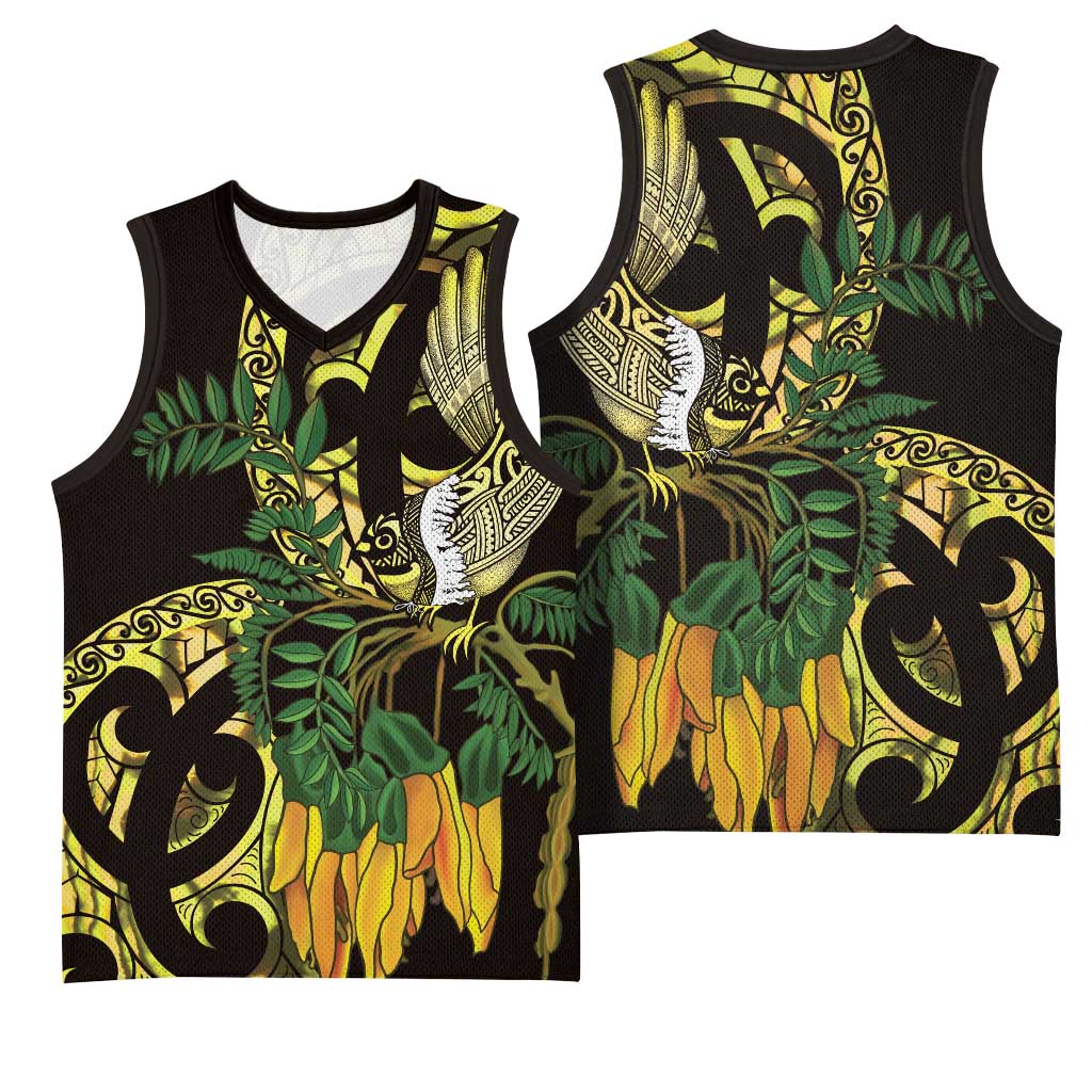 Yellow New Zealand Kowhai And Piwakawaka Basketball Jersey Maori Ngaru Paua Shell LT14 - Polynesian Pride