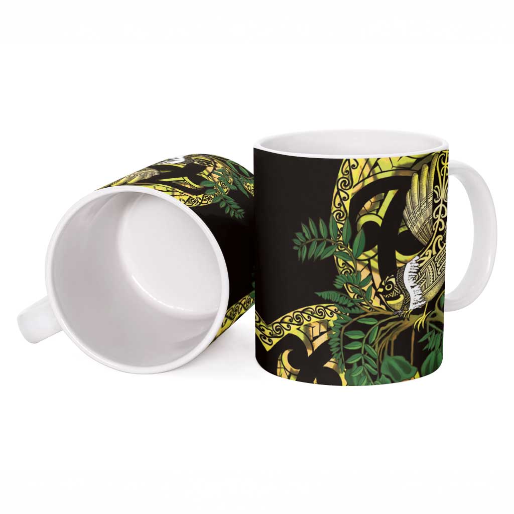 Yellow New Zealand Kowhai And Piwakawaka Ceramic Mug Maori Ngaru Paua Shell - Polynesian Pride