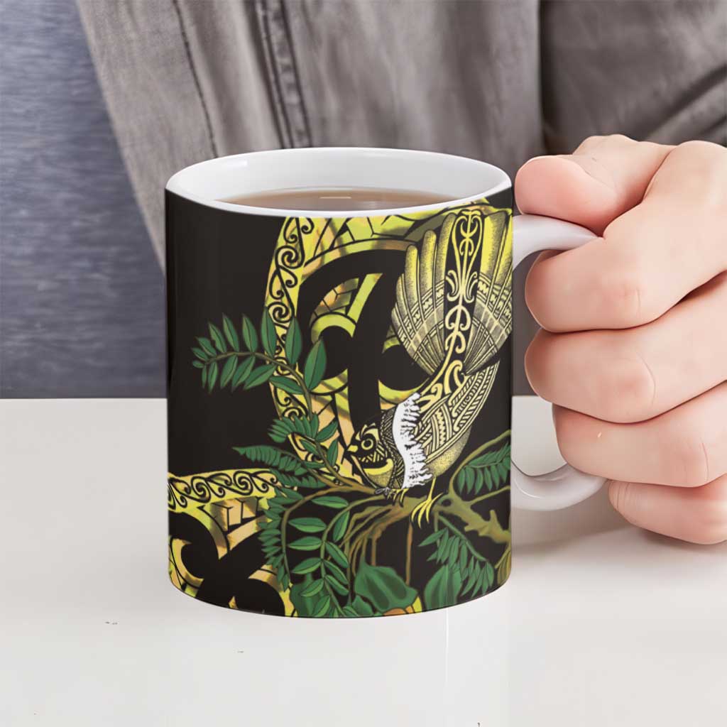 Yellow New Zealand Kowhai And Piwakawaka Ceramic Mug Maori Ngaru Paua Shell - Polynesian Pride