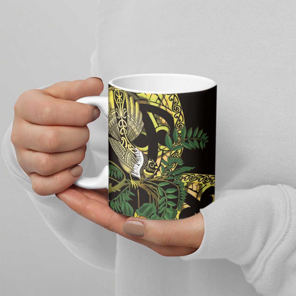 Yellow New Zealand Kowhai And Piwakawaka Ceramic Mug Maori Ngaru Paua Shell - Polynesian Pride