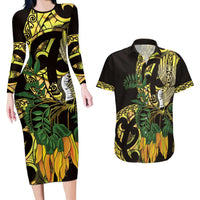 Yellow New Zealand Kowhai And Piwakawaka Couples Matching Long Sleeve Bodycon Dress and Hawaiian Shirt Maori Ngaru Paua Shell LT14 Yellow - Polynesian Pride