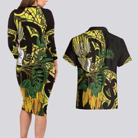Yellow New Zealand Kowhai And Piwakawaka Couples Matching Long Sleeve Bodycon Dress and Hawaiian Shirt Maori Ngaru Paua Shell LT14 - Polynesian Pride