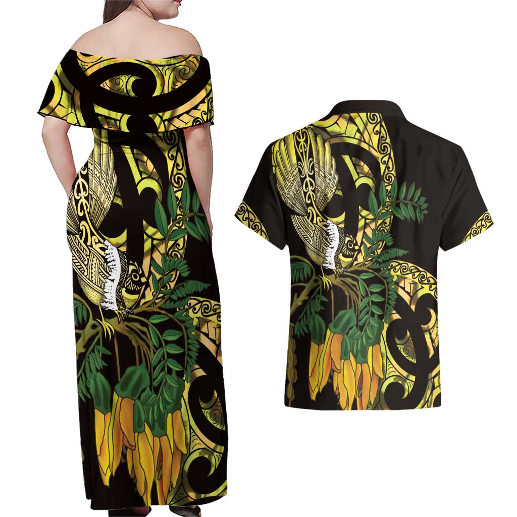 Yellow New Zealand Kowhai And Piwakawaka Couples Matching Off Shoulder Maxi Dress and Hawaiian Shirt Maori Ngaru Paua Shell LT14 - Polynesian Pride
