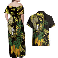 Yellow New Zealand Kowhai And Piwakawaka Couples Matching Off Shoulder Maxi Dress and Hawaiian Shirt Maori Ngaru Paua Shell LT14 - Polynesian Pride