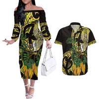 Yellow New Zealand Kowhai And Piwakawaka Couples Matching Off The Shoulder Long Sleeve Dress and Hawaiian Shirt Maori Ngaru Paua Shell LT14 Yellow - Polynesian Pride