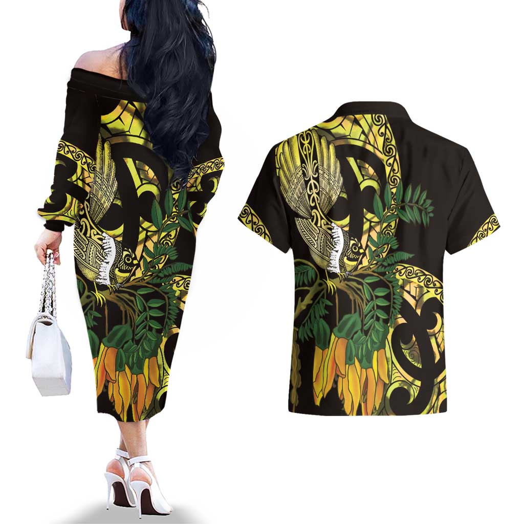Yellow New Zealand Kowhai And Piwakawaka Couples Matching Off The Shoulder Long Sleeve Dress and Hawaiian Shirt Maori Ngaru Paua Shell LT14 - Polynesian Pride
