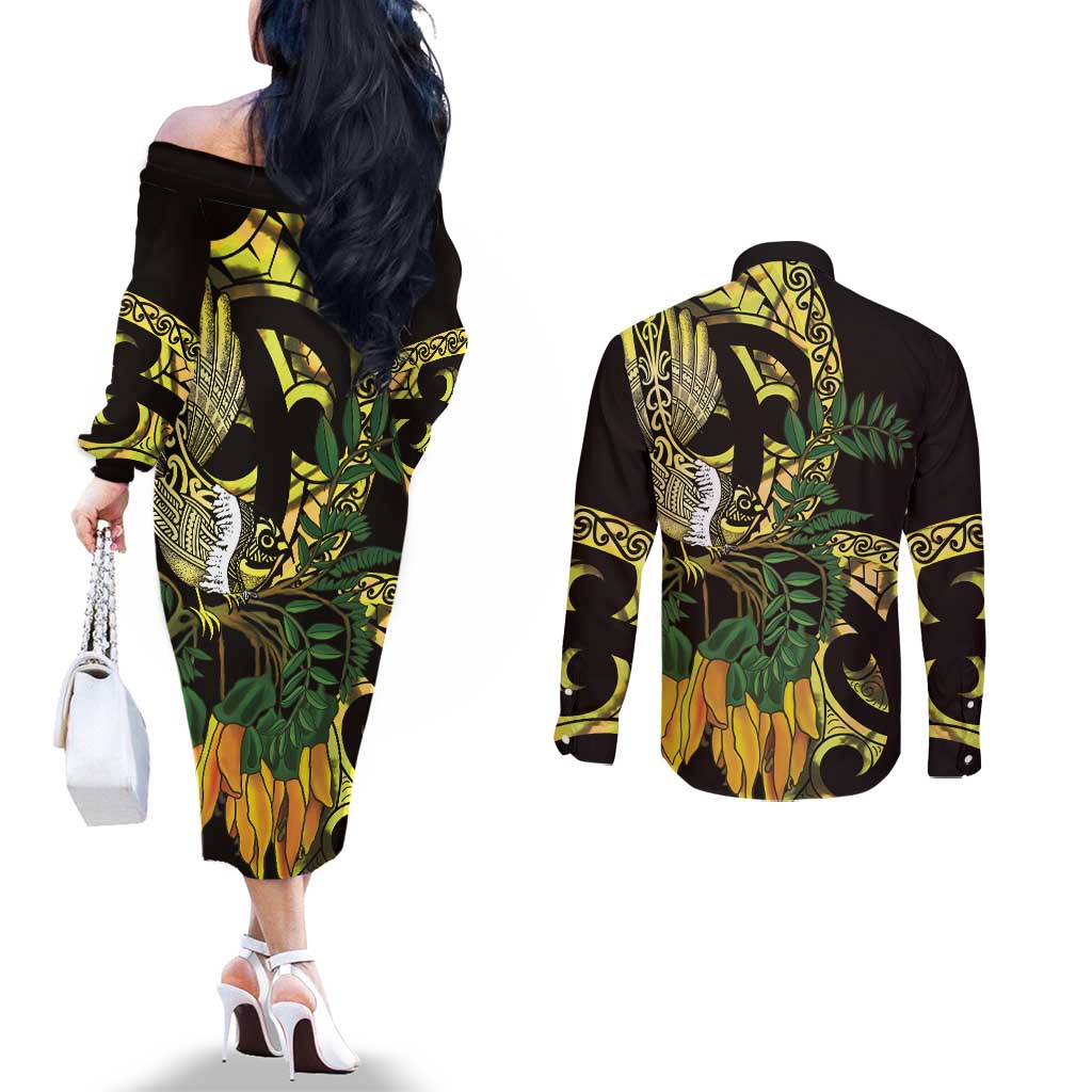 Yellow New Zealand Kowhai And Piwakawaka Couples Matching Off The Shoulder Long Sleeve Dress and Long Sleeve Button Shirt Maori Ngaru Paua Shell LT14 - Polynesian Pride