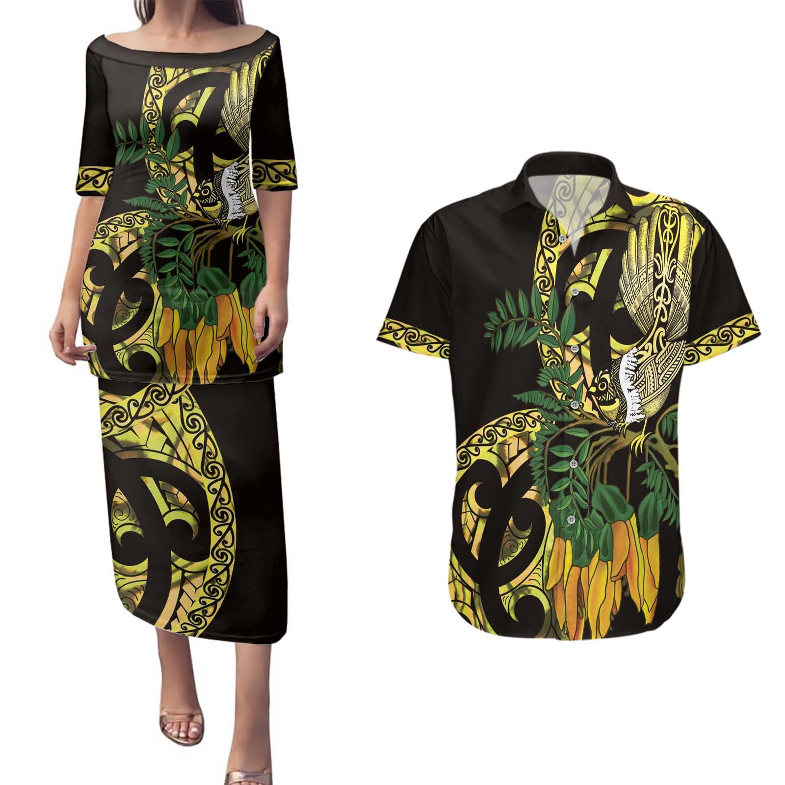 Yellow New Zealand Kowhai And Piwakawaka Couples Matching Puletasi and Hawaiian Shirt Maori Ngaru Paua Shell