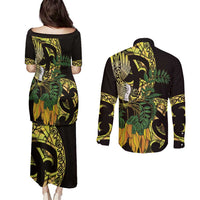 Yellow New Zealand Kowhai And Piwakawaka Couples Matching Puletasi and Long Sleeve Button Shirt Maori Ngaru Paua Shell LT14 - Polynesian Pride