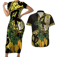 Yellow New Zealand Kowhai And Piwakawaka Couples Matching Short Sleeve Bodycon Dress and Hawaiian Shirt Maori Ngaru Paua Shell LT14 Yellow - Polynesian Pride