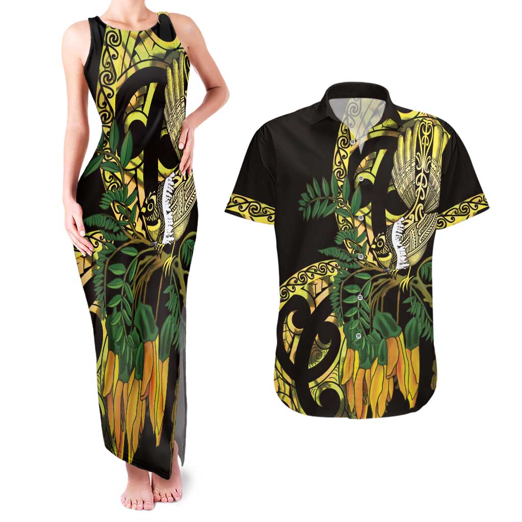 Yellow New Zealand Kowhai And Piwakawaka Couples Matching Tank Maxi Dress and Hawaiian Shirt Maori Ngaru Paua Shell LT14 Yellow - Polynesian Pride