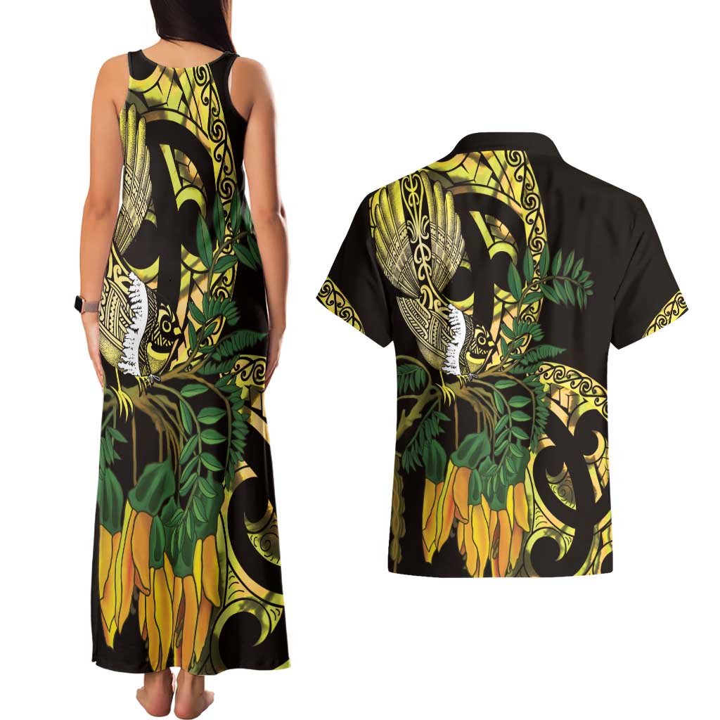 Yellow New Zealand Kowhai And Piwakawaka Couples Matching Tank Maxi Dress and Hawaiian Shirt Maori Ngaru Paua Shell LT14 - Polynesian Pride