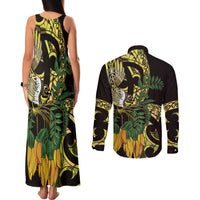Yellow New Zealand Kowhai And Piwakawaka Couples Matching Tank Maxi Dress and Long Sleeve Button Shirt Maori Ngaru Paua Shell LT14 - Polynesian Pride