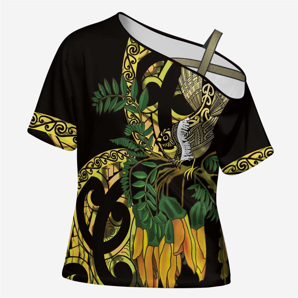 Yellow New Zealand Kowhai And Piwakawaka Cross Shoulder Shirt Maori Ngaru Paua Shell - Polynesian Pride