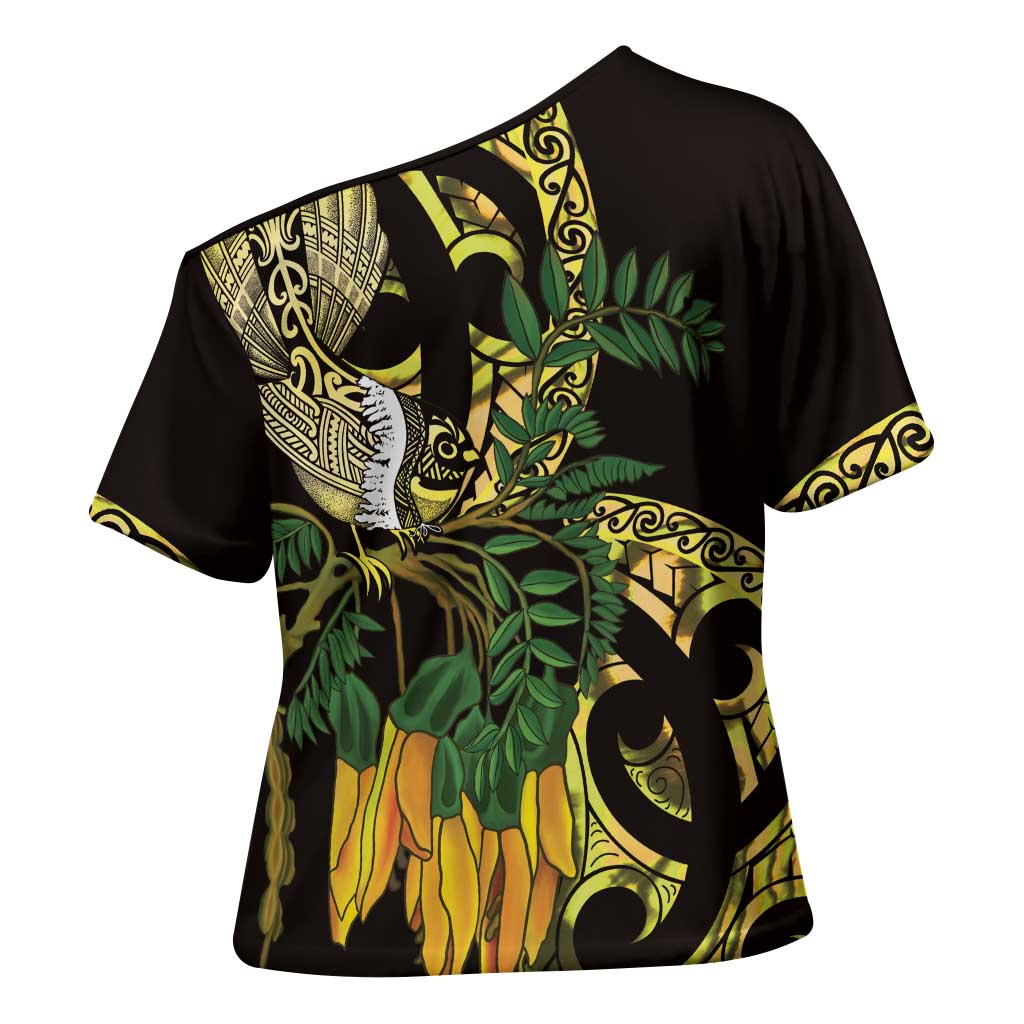 Yellow New Zealand Kowhai And Piwakawaka Cross Shoulder Shirt Maori Ngaru Paua Shell LT14 - Polynesian Pride
