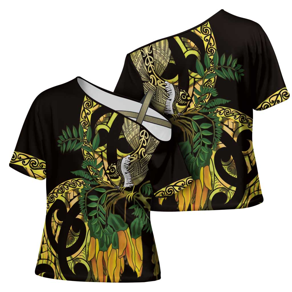 Yellow New Zealand Kowhai And Piwakawaka Cross Shoulder Shirt Maori Ngaru Paua Shell LT14 - Polynesian Pride