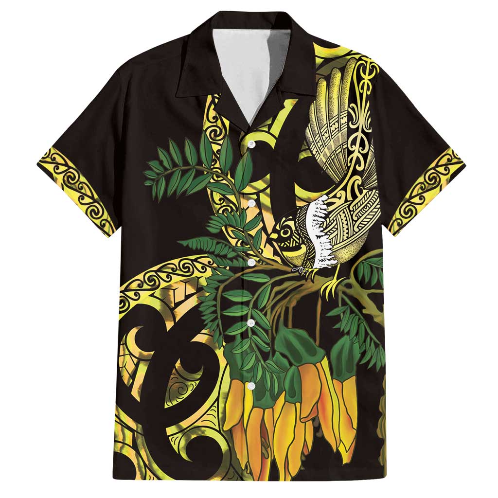 Yellow New Zealand Kowhai And Piwakawaka Family Matching Long Sleeve Bodycon Dress and Hawaiian Shirt Maori Ngaru Paua Shell LT14 Dad's Shirt - Short Sleeve Yellow - Polynesian Pride