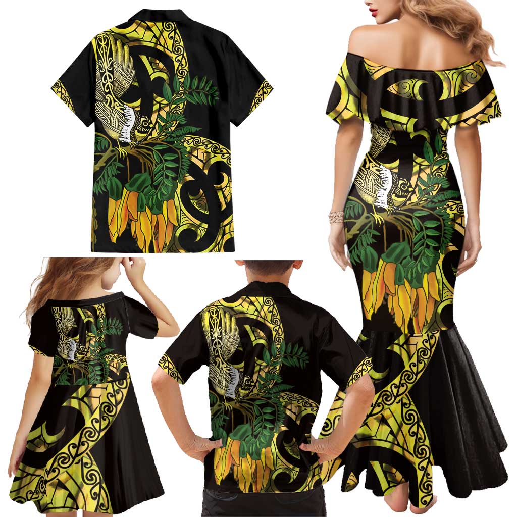 Yellow New Zealand Kowhai And Piwakawaka Family Matching Mermaid Dress and Hawaiian Shirt Maori Ngaru Paua Shell LT14 - Polynesian Pride