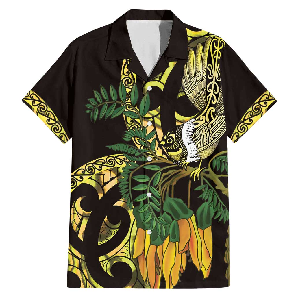 Yellow New Zealand Kowhai And Piwakawaka Family Matching Mermaid Dress and Hawaiian Shirt Maori Ngaru Paua Shell LT14 Dad's Shirt - Short Sleeve Yellow - Polynesian Pride