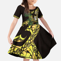 Yellow New Zealand Kowhai And Piwakawaka Family Matching Off The Shoulder Long Sleeve Dress and Hawaiian Shirt Maori Ngaru Paua Shell LT14 Daughter's Dress Yellow - Polynesian Pride