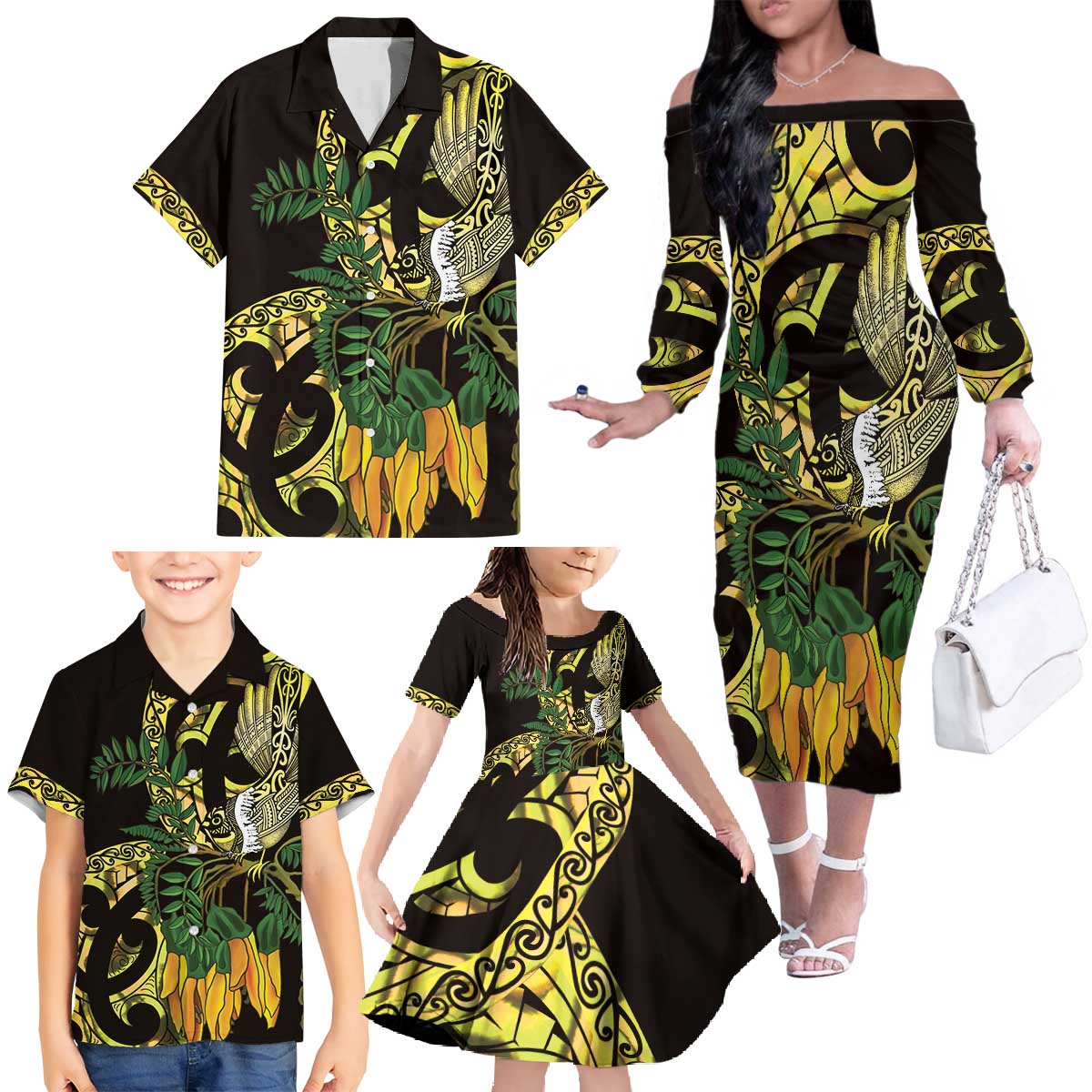 Yellow New Zealand Kowhai And Piwakawaka Family Matching Off The Shoulder Long Sleeve Dress and Hawaiian Shirt Maori Ngaru Paua Shell LT14 - Polynesian Pride