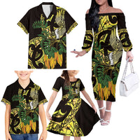 Yellow New Zealand Kowhai And Piwakawaka Family Matching Off The Shoulder Long Sleeve Dress and Hawaiian Shirt Maori Ngaru Paua Shell LT14 - Polynesian Pride