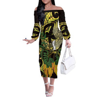 Yellow New Zealand Kowhai And Piwakawaka Family Matching Off The Shoulder Long Sleeve Dress and Hawaiian Shirt Maori Ngaru Paua Shell LT14 Mom's Dress Yellow - Polynesian Pride