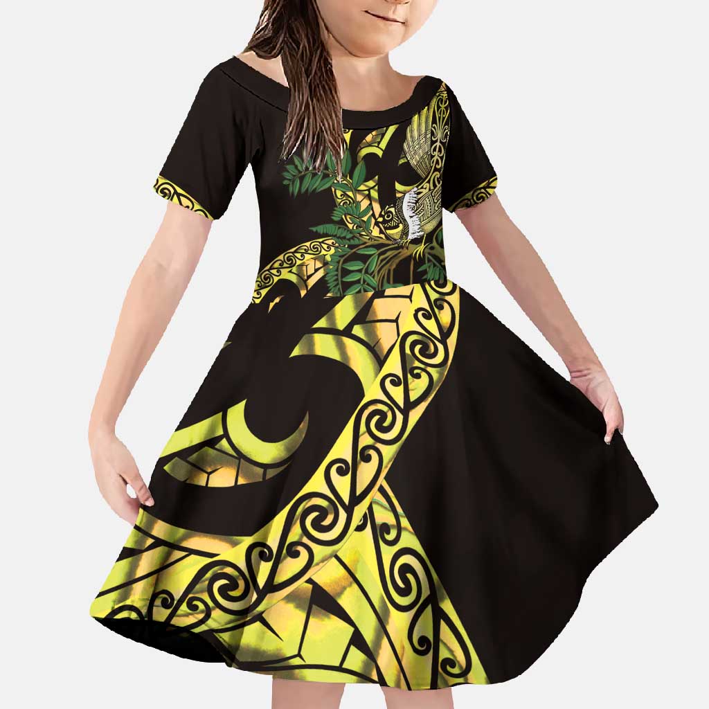 Yellow New Zealand Kowhai And Piwakawaka Family Matching Off Shoulder Maxi Dress and Hawaiian Shirt Maori Ngaru Paua Shell LT14 Daughter's Dress Yellow - Polynesian Pride