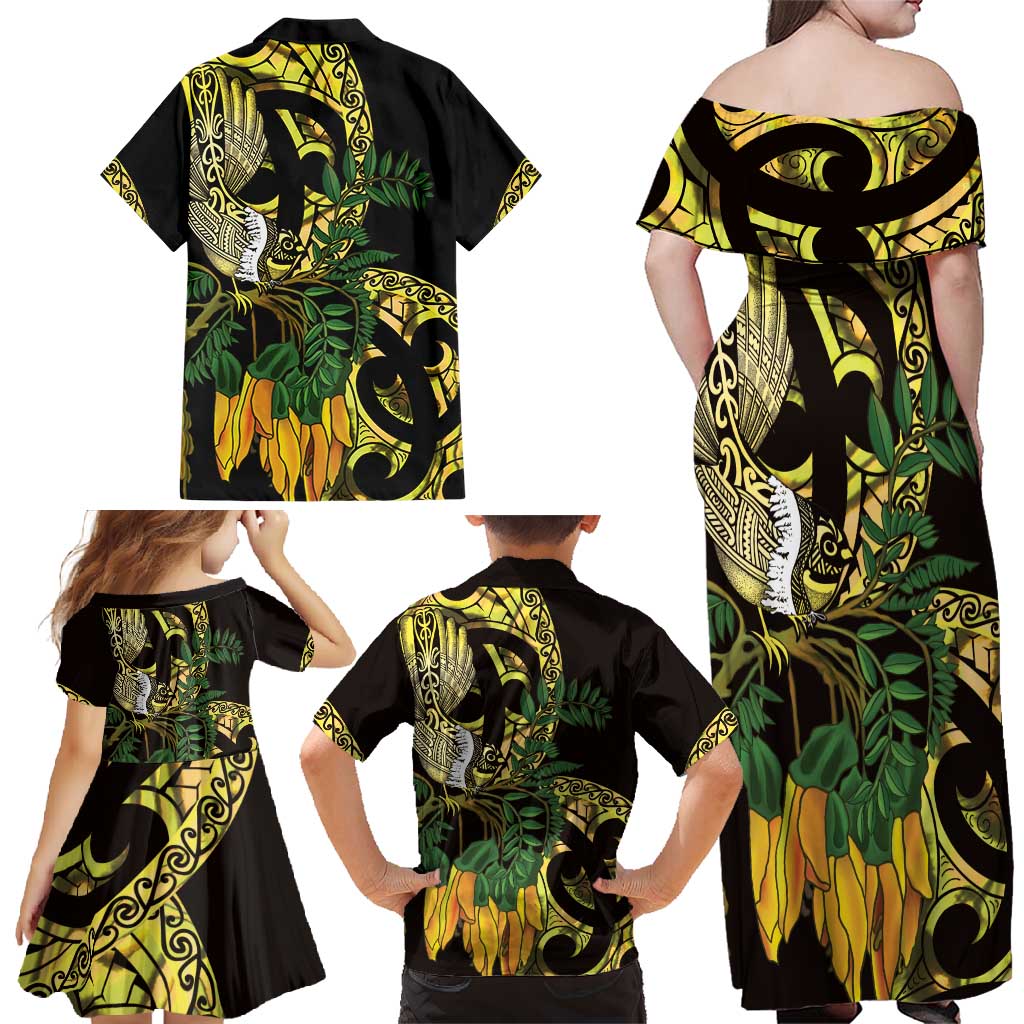 Yellow New Zealand Kowhai And Piwakawaka Family Matching Off Shoulder Maxi Dress and Hawaiian Shirt Maori Ngaru Paua Shell LT14 - Polynesian Pride