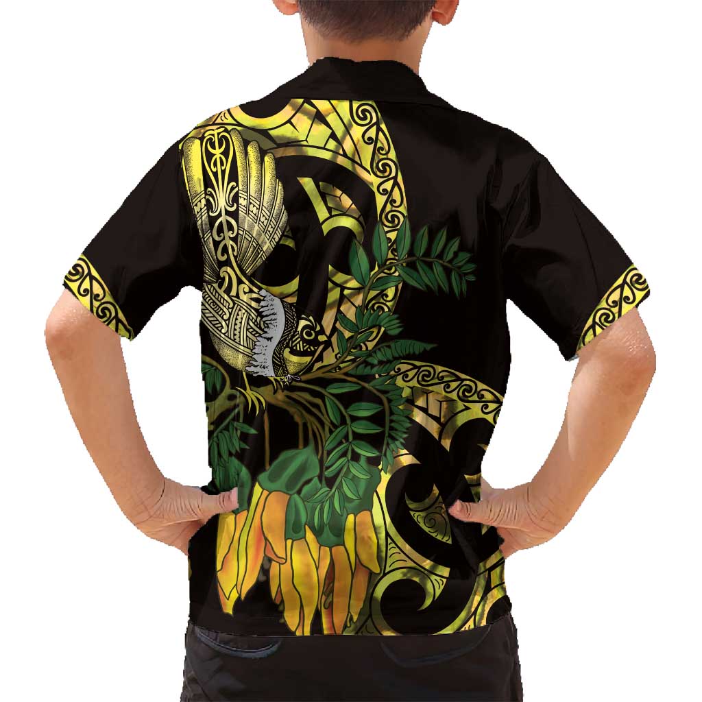 Yellow New Zealand Kowhai And Piwakawaka Family Matching Off Shoulder Short Dress and Hawaiian Shirt Maori Ngaru Paua Shell LT14 - Polynesian Pride