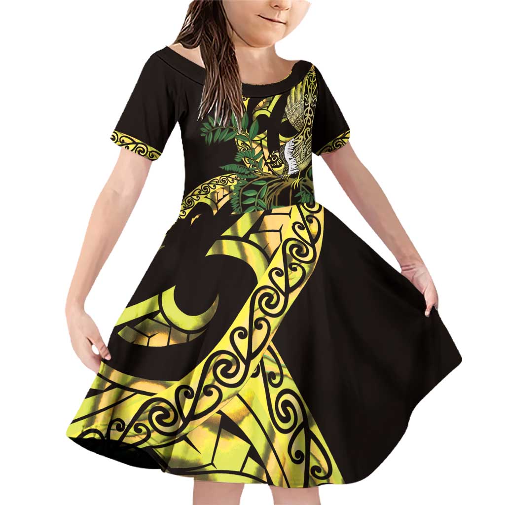 Yellow New Zealand Kowhai And Piwakawaka Family Matching Off Shoulder Short Dress and Hawaiian Shirt Maori Ngaru Paua Shell LT14 Daughter's Dress Yellow - Polynesian Pride
