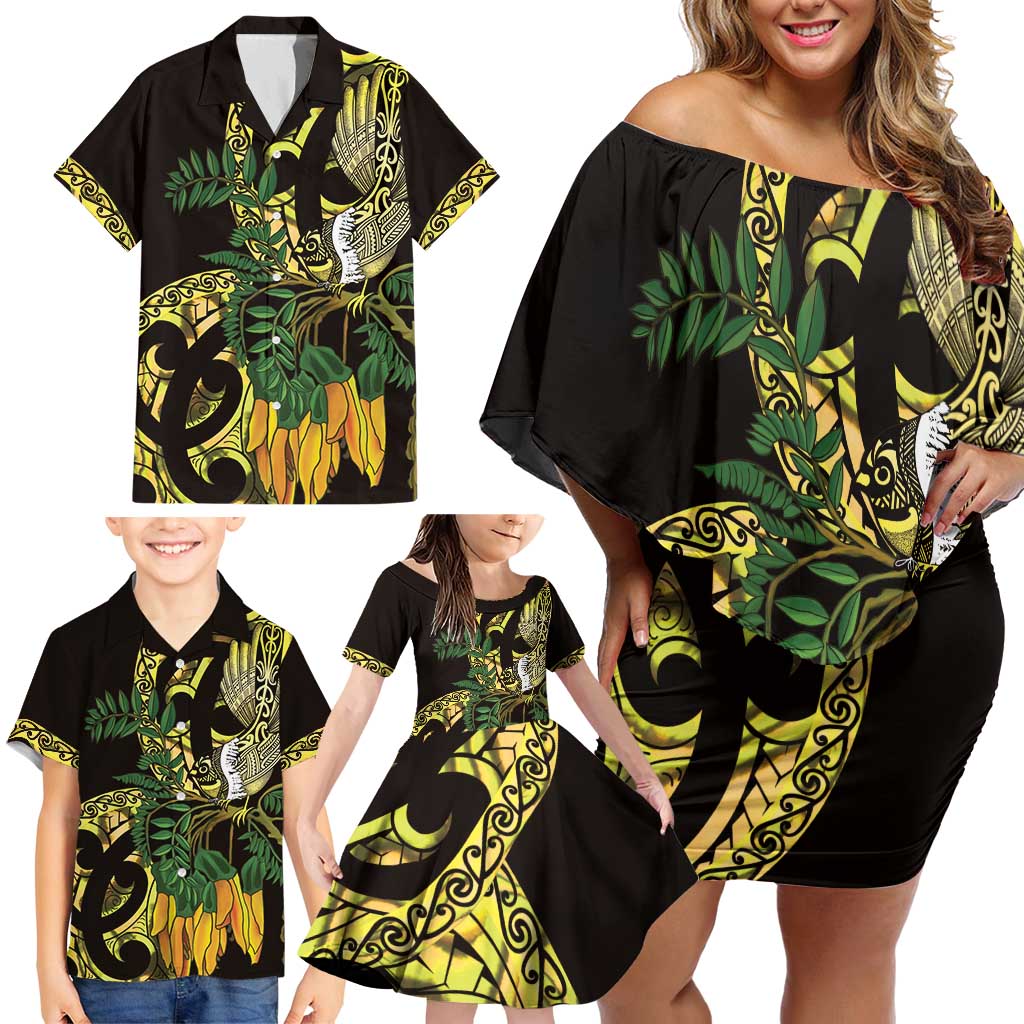 Yellow New Zealand Kowhai And Piwakawaka Family Matching Off Shoulder Short Dress and Hawaiian Shirt Maori Ngaru Paua Shell LT14 - Polynesian Pride
