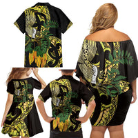 Yellow New Zealand Kowhai And Piwakawaka Family Matching Off Shoulder Short Dress and Hawaiian Shirt Maori Ngaru Paua Shell LT14 - Polynesian Pride