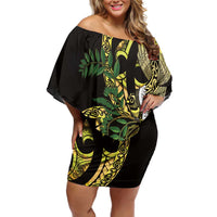 Yellow New Zealand Kowhai And Piwakawaka Family Matching Off Shoulder Short Dress and Hawaiian Shirt Maori Ngaru Paua Shell LT14 Mom's Dress Yellow - Polynesian Pride